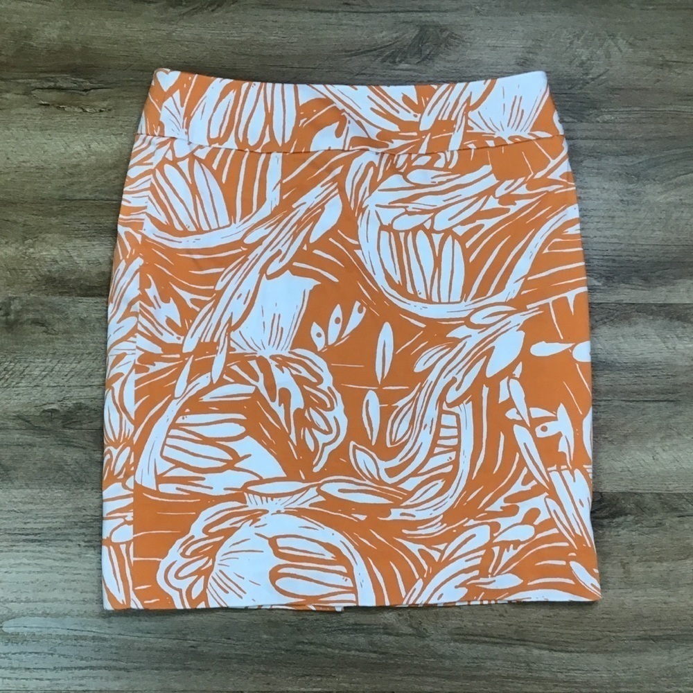WomAn Skirt Size 10 Pencil Tropical Floral Print Stretch Lined Orange Wh…